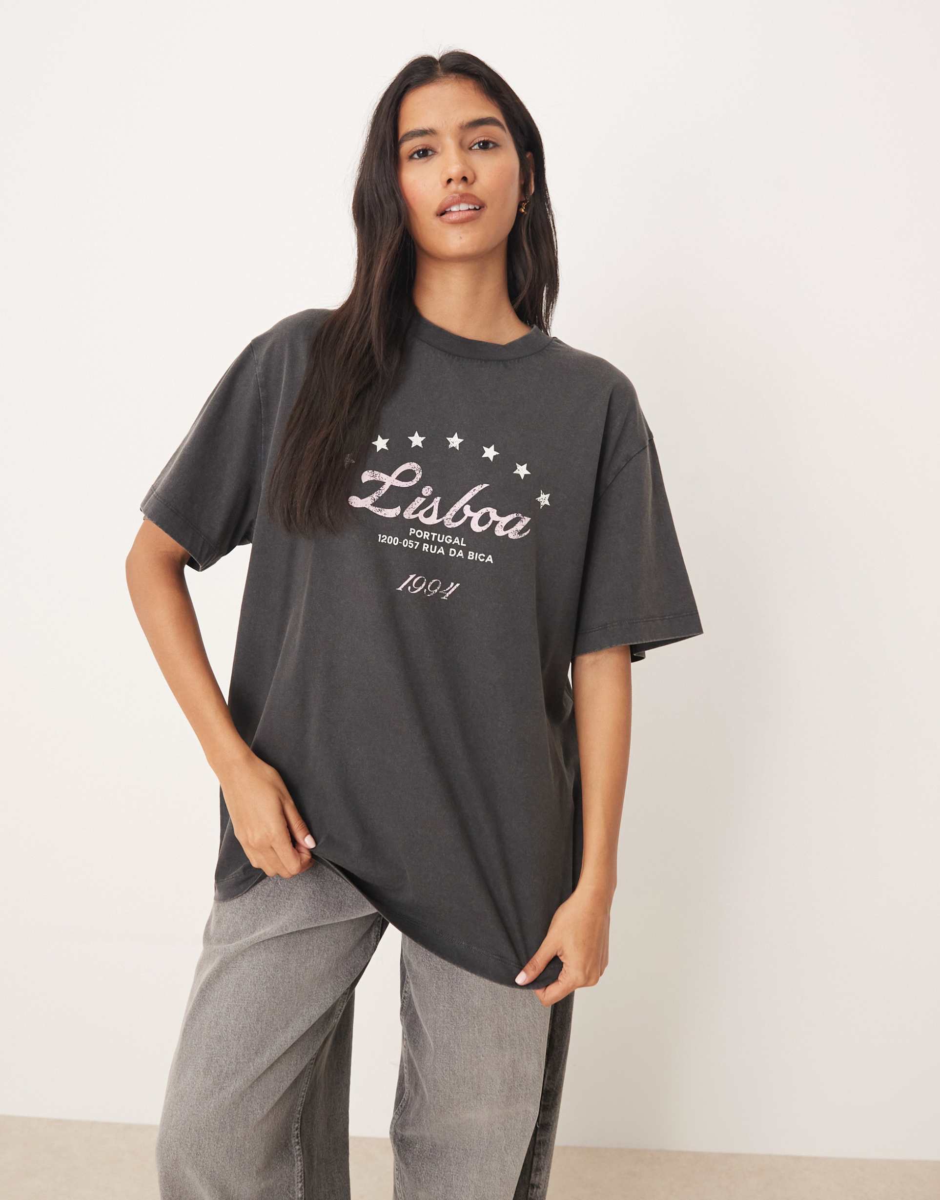 asos design oversized t-shirt with lisbon graphic in washed charcoal