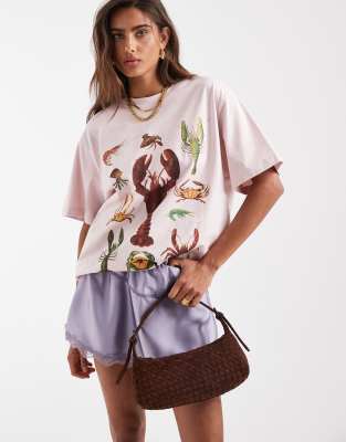 Asos Design Oversized T-shirt With Lobster & Crabs Graphic In Pink