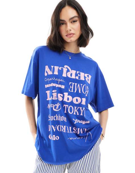 ASOS DESIGN oversized T-shirt with location graphic in blue - view 1