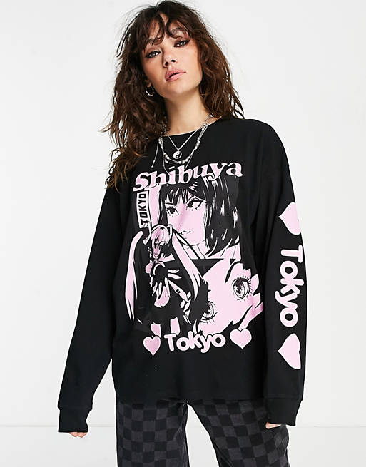  oversized t-shirt with long sleeve tokyo comic print in washed charcoal 
