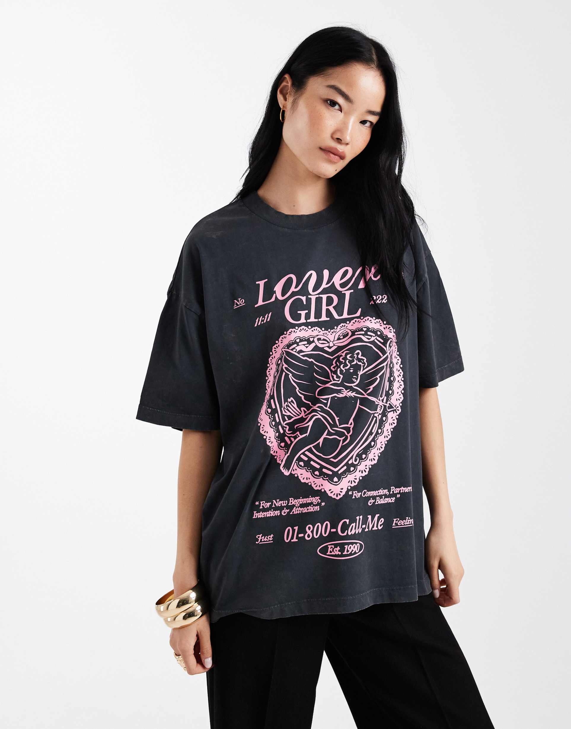 asos design oversized t-shirt with lover girl print in washed charcoal