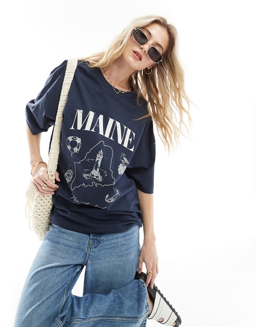 ASOS DESIGN oversized t-shirt with maine graphic in washed navy