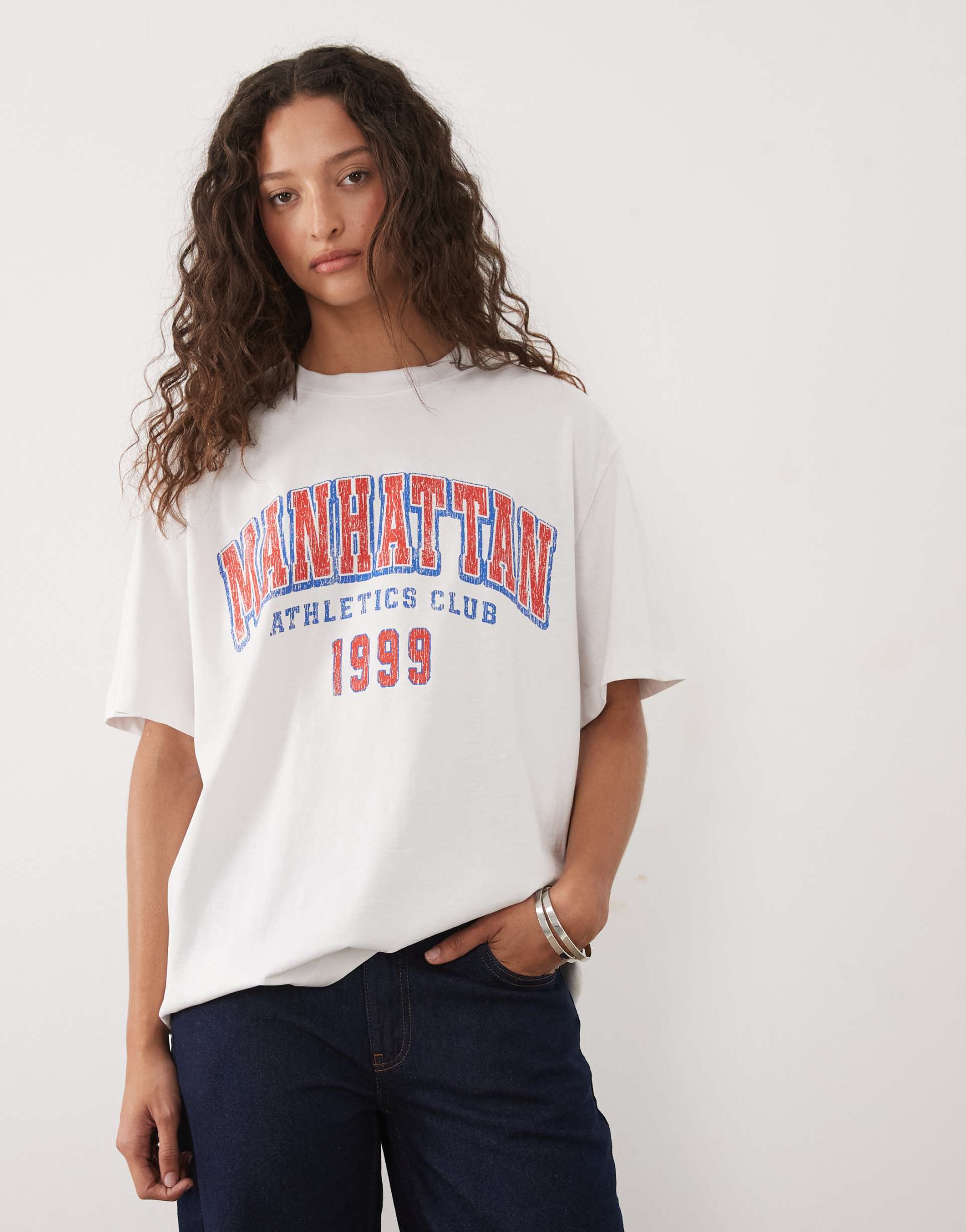 asos design oversized t-shirt with manhattan athletics dept graphic in white and red