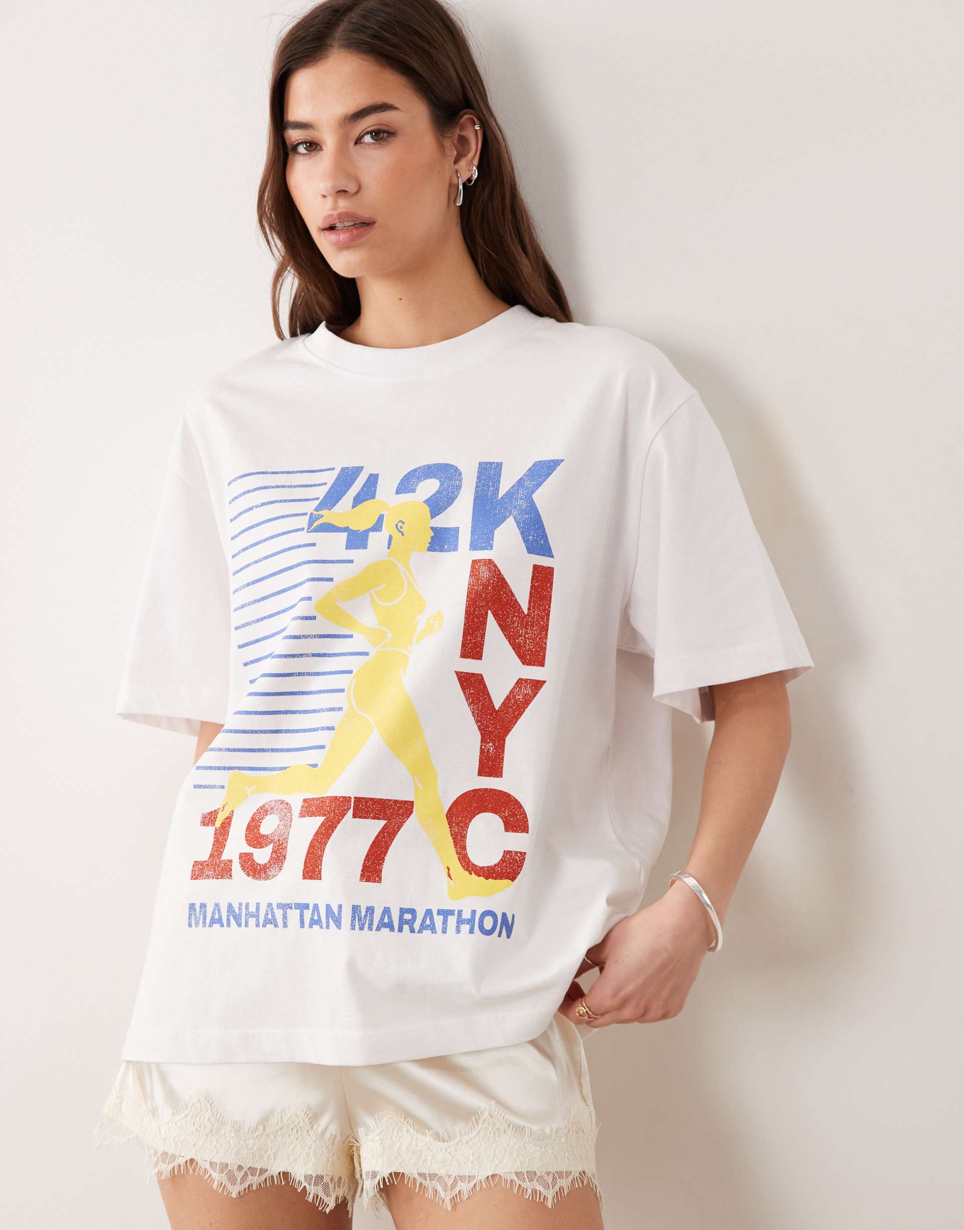 asos design oversized t-shirt with manhattan marathon graphic in white