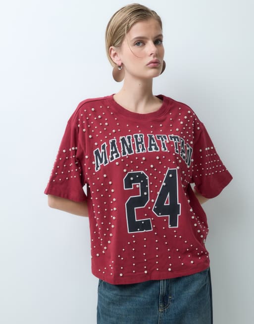 ASOS DESIGN oversized t-shirt with manhattan pearl embellished graphic in red, 5 of 5