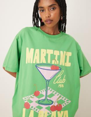 Asos Design Oversized T-shirt With Martini Club Graphic In Green
