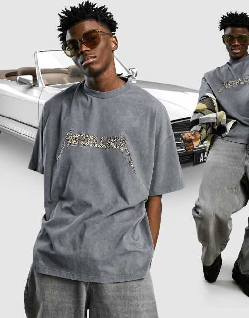 ASOS DESIGN oversized t-shirt with Metallica front text animal print in washed grey