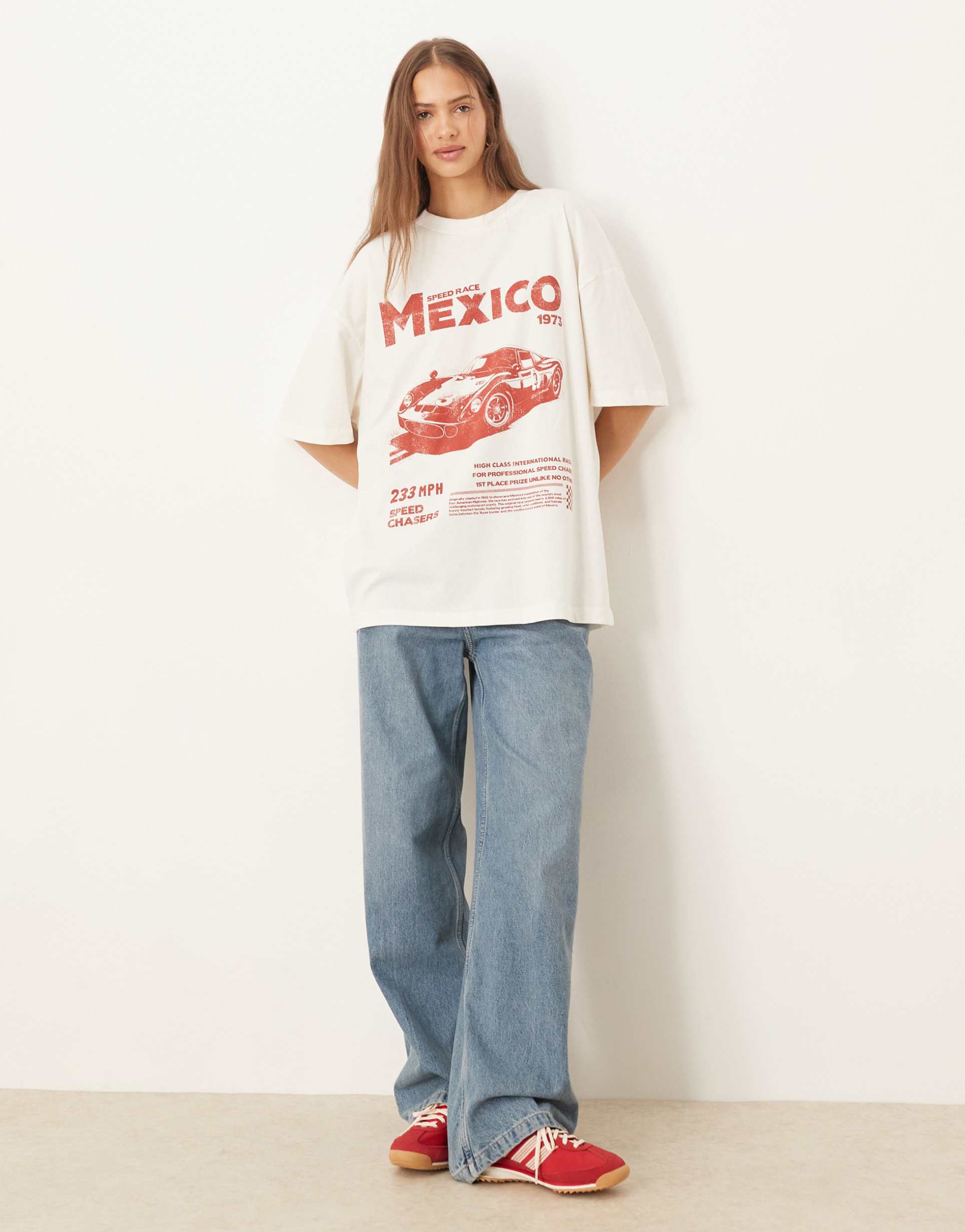 asos design oversized t-shirt with mexico car graphic in cream