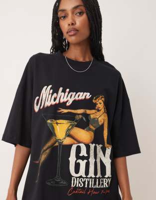 Asos Design Oversized T-shirt With Michigan Gin Graphic In Black