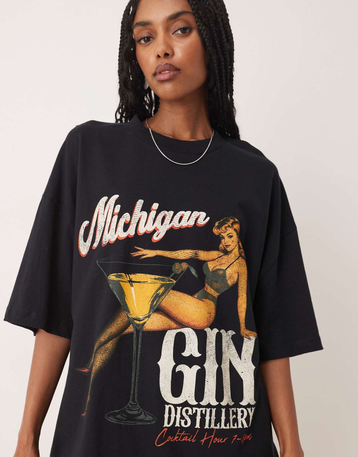 ASOS DESIGN oversized t-shirt with michigan gin graphic in black
