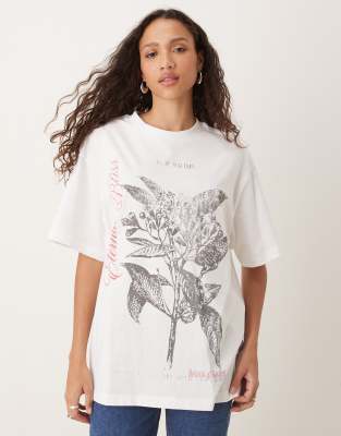 Asos Design Oversized T-shirt With Monochromatic Rose Graphic In White