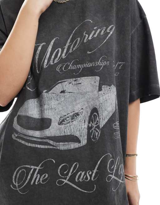 ASOS DESIGN oversized t-shirt with motoring car graphic in washed charcoal