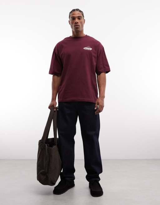 ASOS DESIGN oversized T-shirt with mountain print in burgundy, 2 of 5