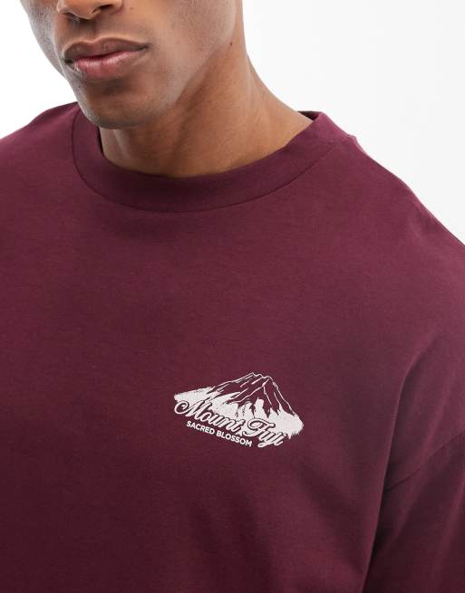 ASOS DESIGN oversized T-shirt with mountain print in burgundy, 3 of 5