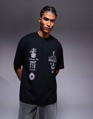 Asos Design Oversized T-shirt With Multi-placement Graphic In Black