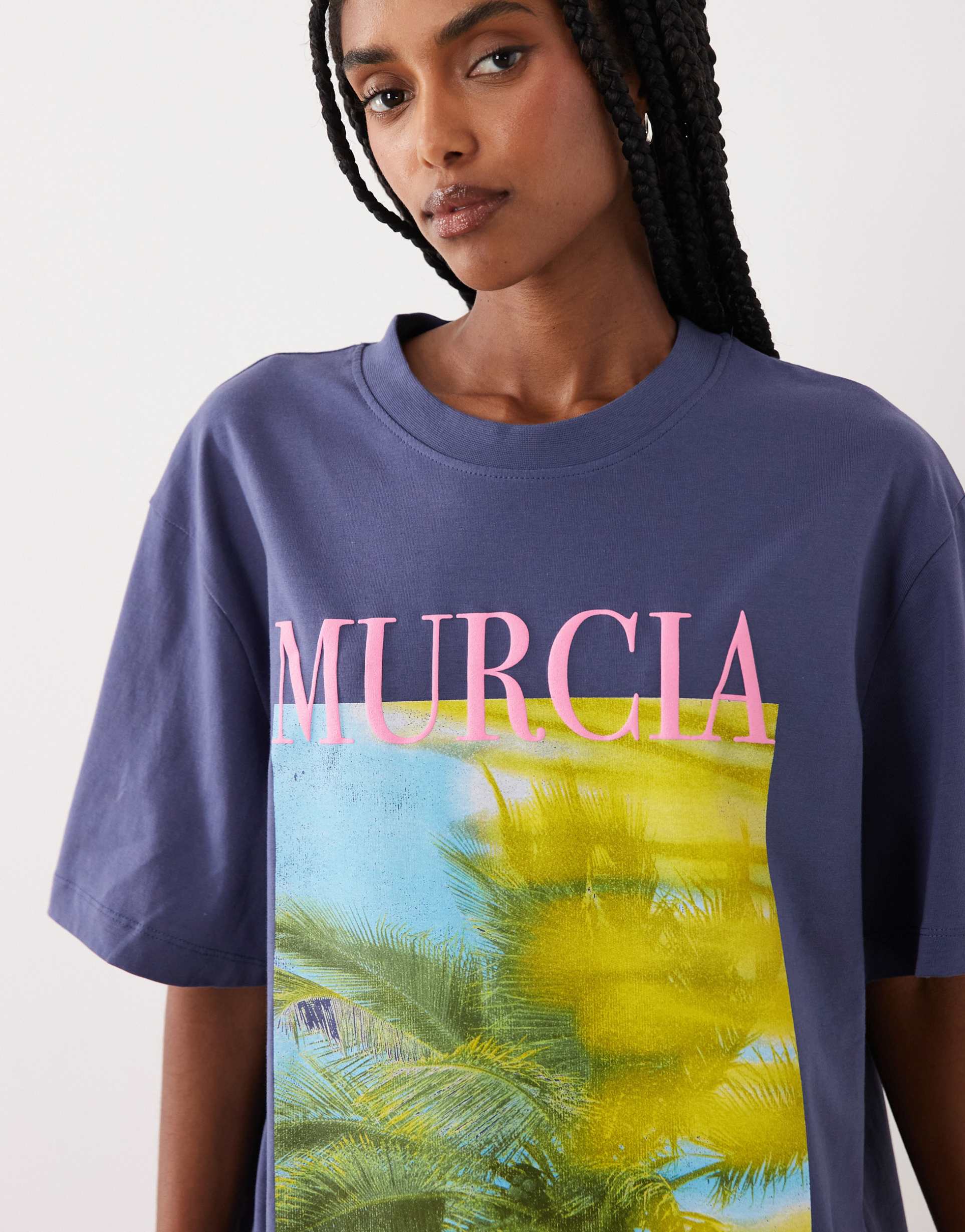 asos design oversized t-shirt with murcia palm tree graphic in blue