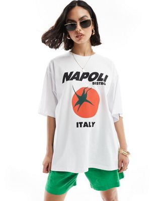 ASOS DESIGN oversized t-shirt with napoli tomato graphic in white