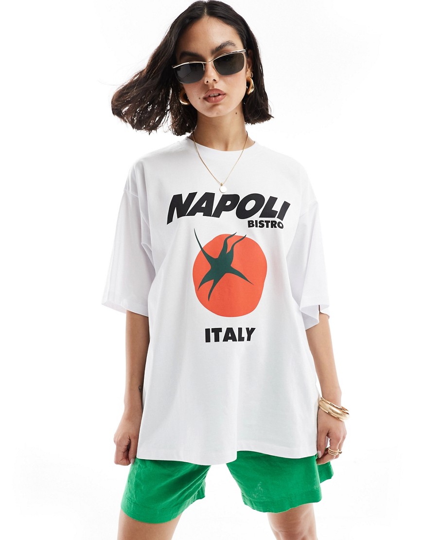 ASOS DESIGN oversized t-shirt with napoli tomato graphic in white
