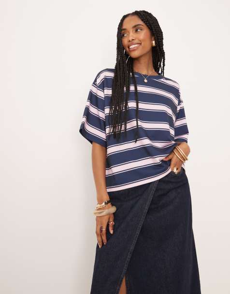 ASOS DESIGN oversized t-shirt with navy and pink stripe - view 1
