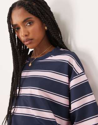 Asos Design Oversized T-shirt With Navy And Pink Stripe In Pink