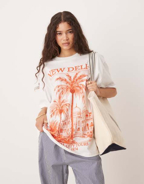 ASOS DESIGN oversized T-shirt with New Delhi embellished graphic in cream - view 1