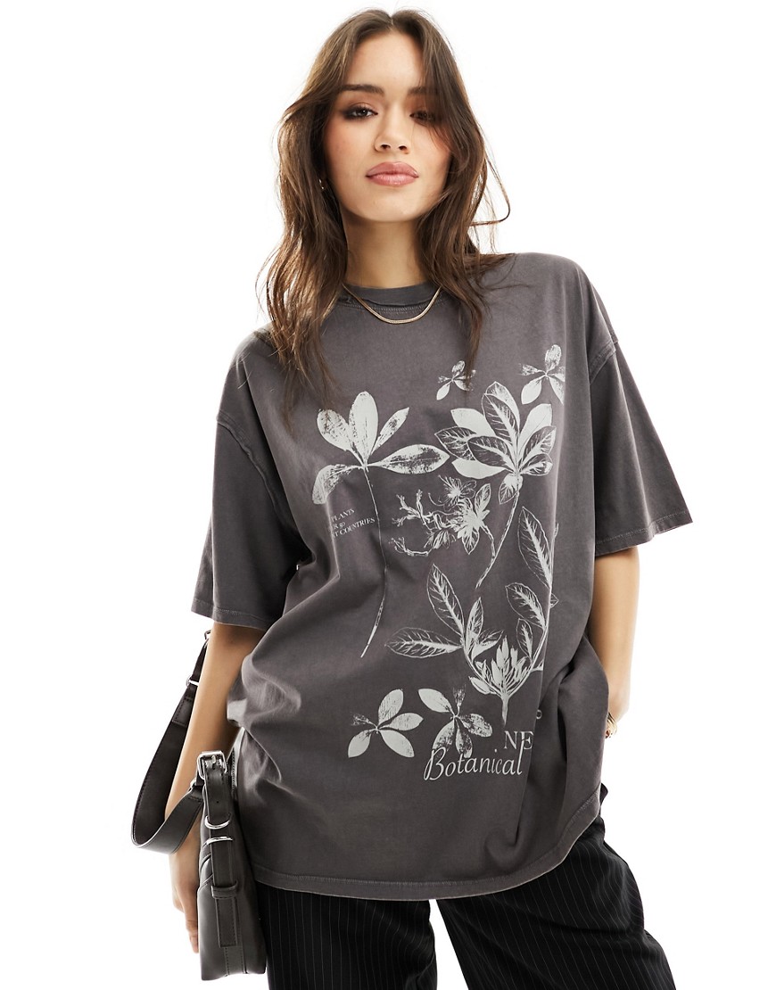 ASOS DESIGN oversized t-shirt with new york botanical graphic in washed charcoal-Black