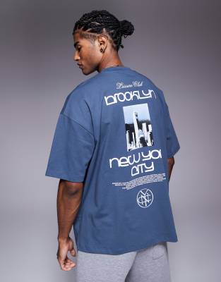 Asos Design Oversized T-shirt With New York Graphic In Blue
