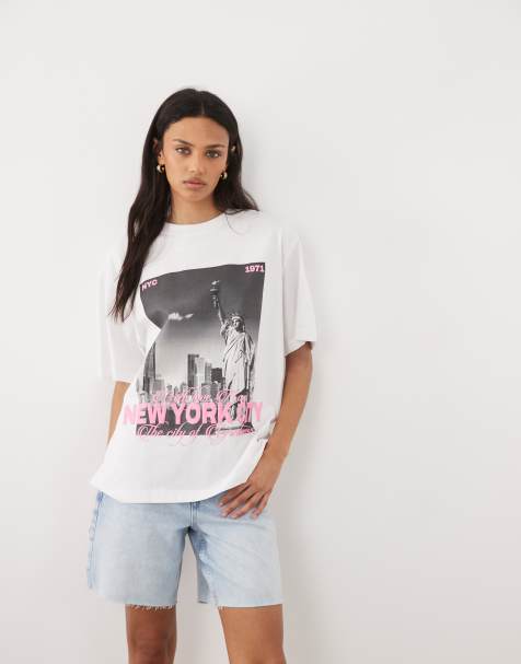 ASOS DESIGN oversized t-shirt with new york graphic in pink and white