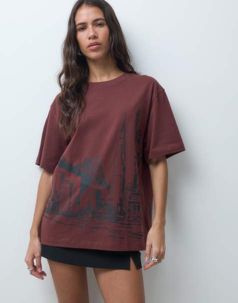 ASOS DESIGN oversized T-shirt with New York skyline embroidery in chocolate