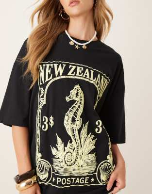 Asos Design Oversized T-shirt With New Zealand Graphic In Black
