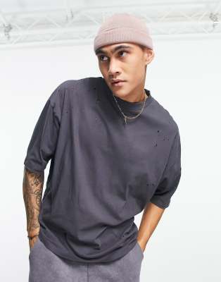 ASOS DESIGN oversized t-shirt with nibbling in washed black - ASOS Price Checker