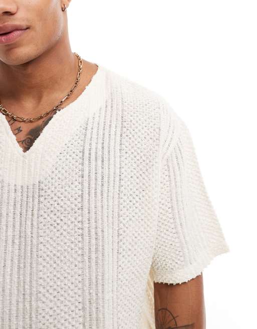 ASOS DESIGN oversized t-shirt with notch neck in beige texture fabric