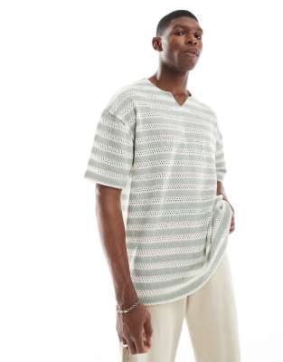 ASOS DESIGN oversized t-shirt with notch neck in green and cream striped texture - view 1