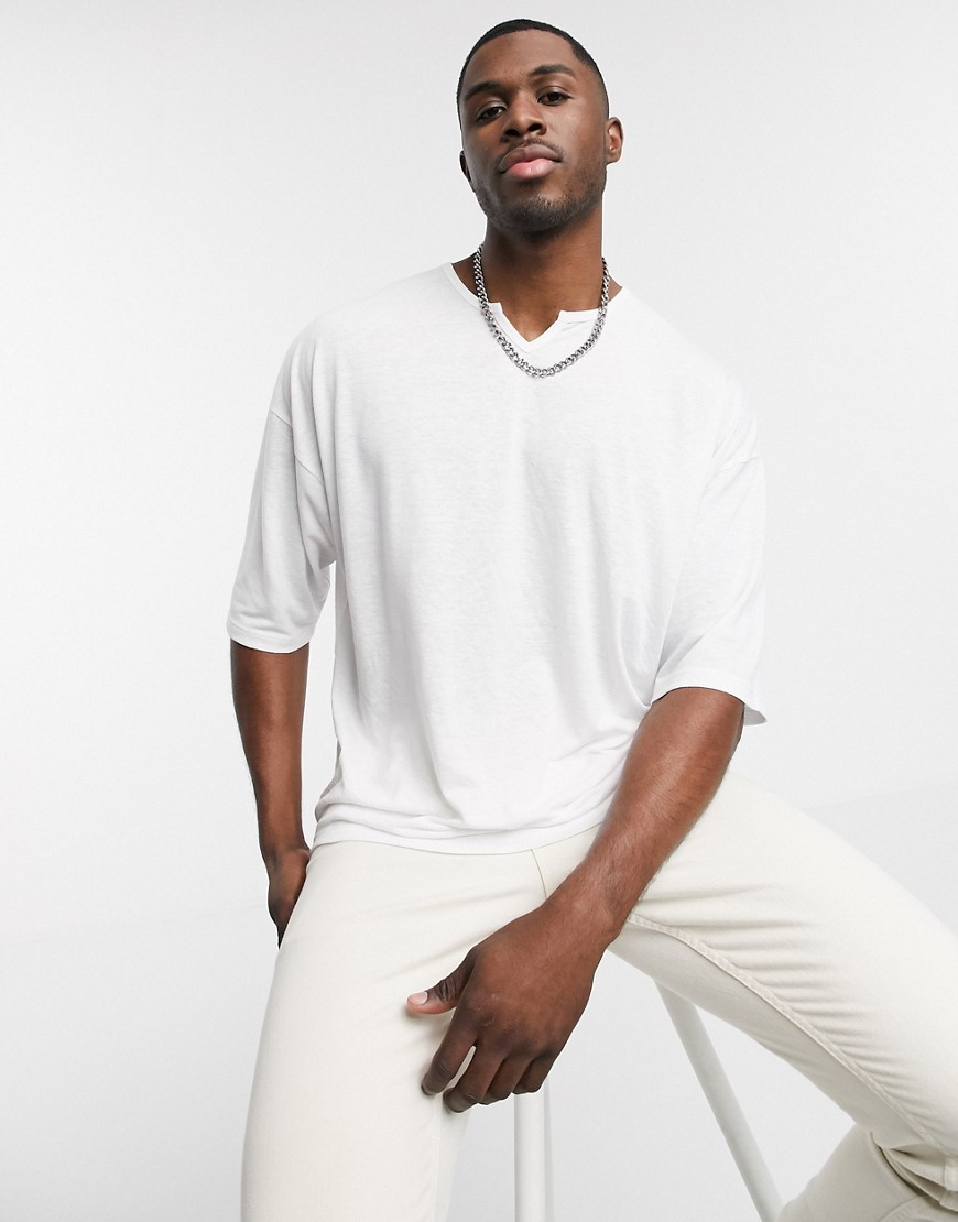 ASOS DESIGN oversized t-shirt with notch neck in white linen mix