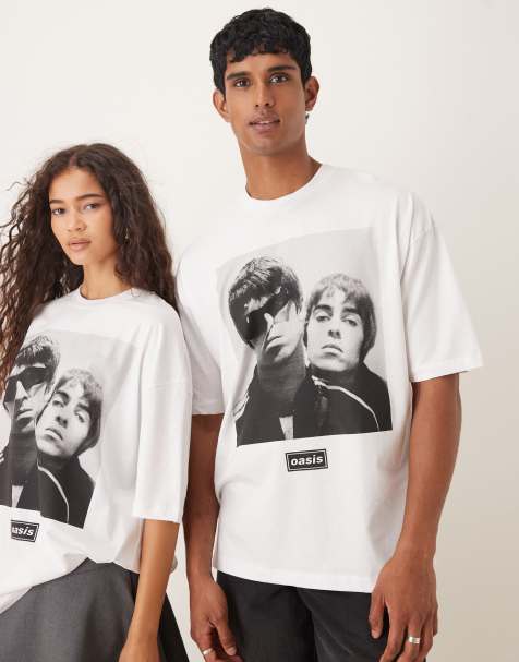 ASOS DESIGN oversized t-shirt with OASIS Liam and Noel prints in white - view 1