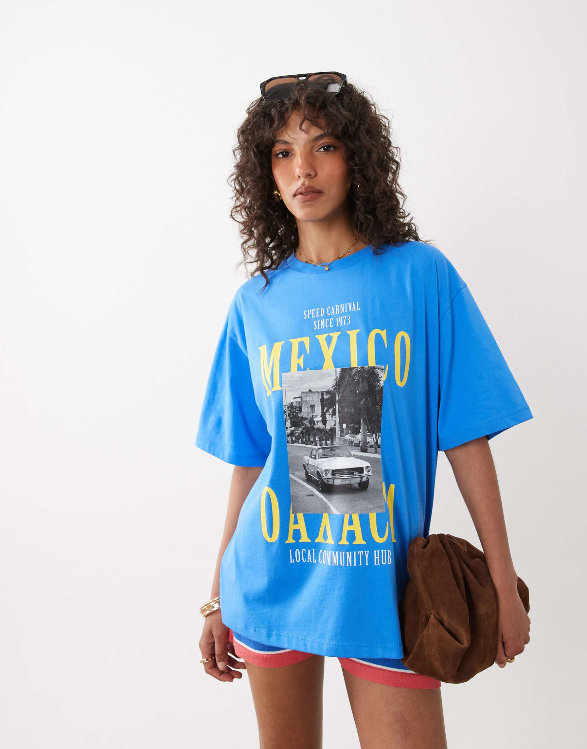 asos design oversized t-shirt with oaxaca carnival graphic in blue