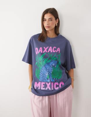 Asos Design Oversized T-shirt With Oaxaca Leopard Graphic In Blue