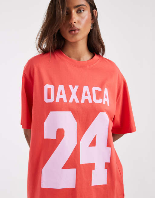 ASOS DESIGN Oversized T-shirt with Oaxaca varsity graphic in dark coral and lilac, 2 of 4