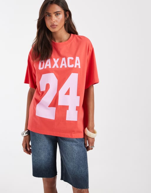 ASOS DESIGN Oversized T-shirt with Oaxaca varsity graphic in dark coral and lilac, 4 of 4