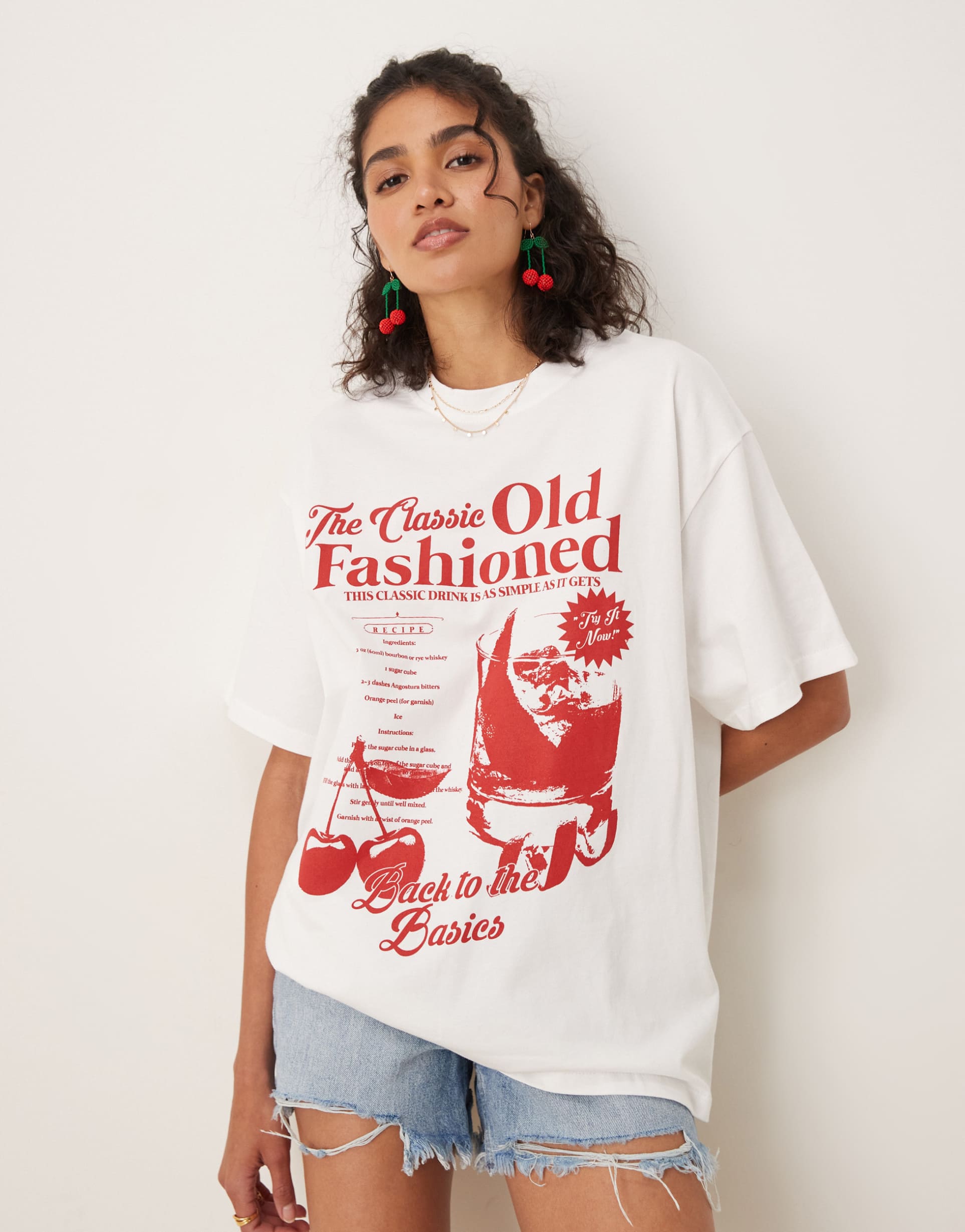 asos design oversized t-shirt with old fashioned cocktail graphic in white