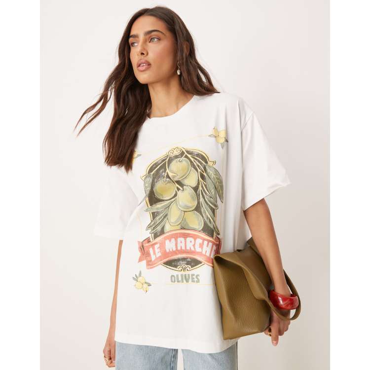 【mnem】25SS★ [mnem] olive print oversized t-shirt ASOS DESIGN oversized T-shirt with olive graphic in cream | ASOS
