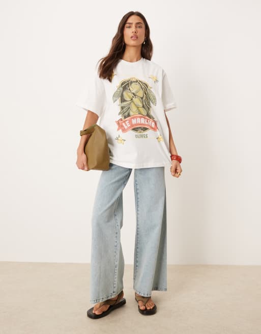 ASOS DESIGN oversized T-shirt with olive graphic in cream