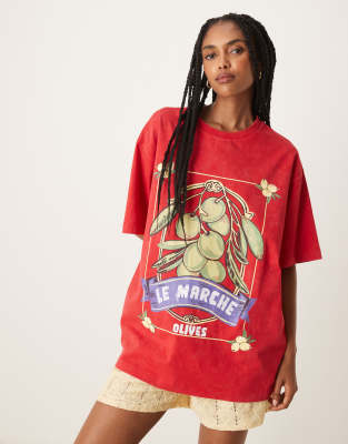 Asos Design Oversized T-shirt With Olive Graphic In Red