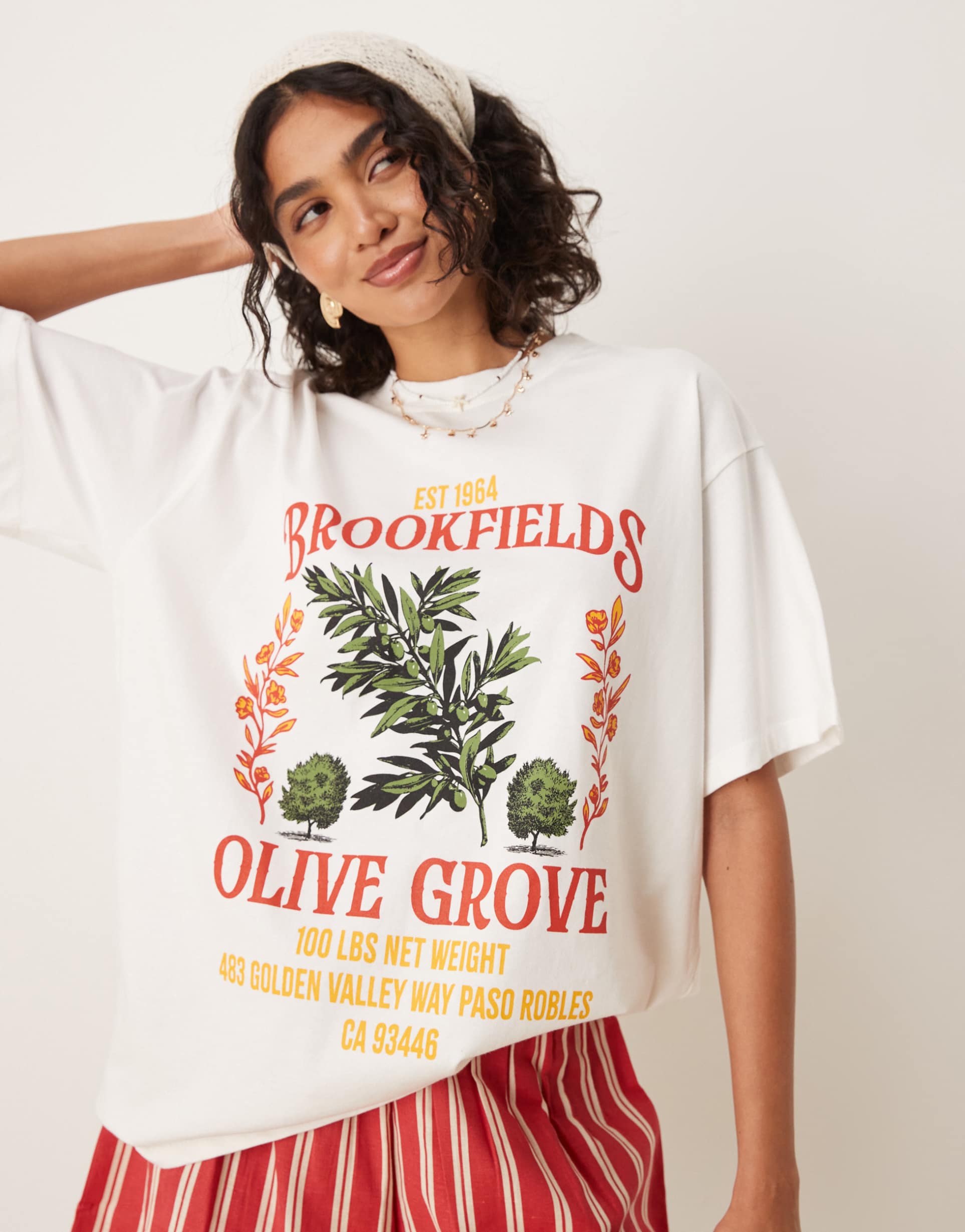 asos design oversized t-shirt with olive grove graphic in cream