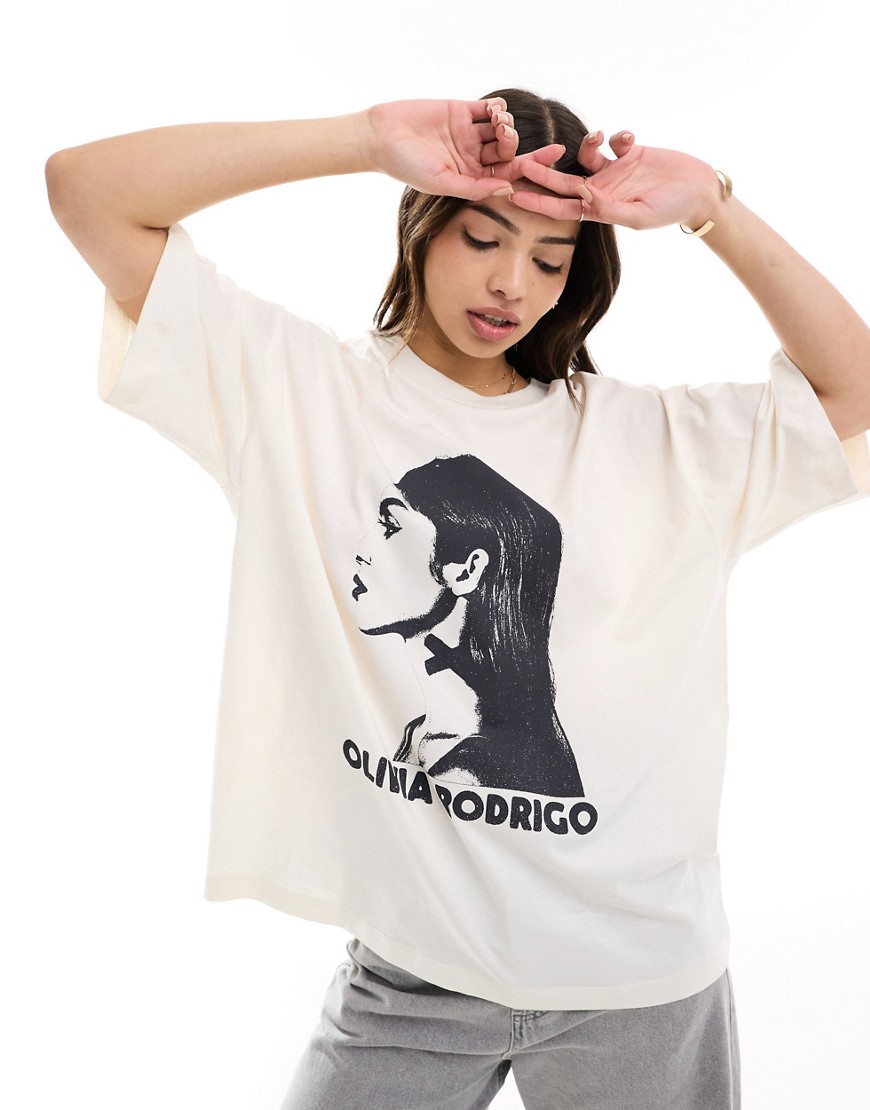 ASOS DESIGN oversized t-shirt with olivia rodrigos licence graphic in cream-White
