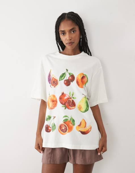 ASOS DESIGN oversized t-shirt with painted fruit graphics in cream - view 1