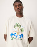 [ASOS DESIGN] ASOS DESIGN oversized t-shirt with palm tree chest print in cream-White XS Tofu