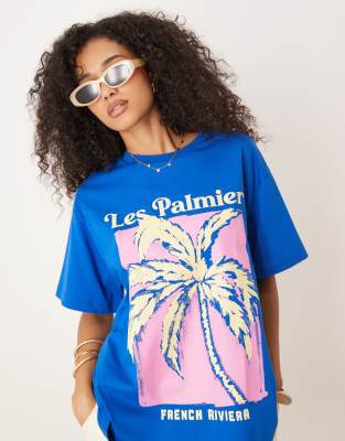 Asos Design Oversized T-shirt With Palm Tree Graphic In Blue