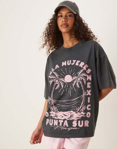 ASOS DESIGN oversized T-shirt with palm tree mexico graphic in washed charcoal - view 1