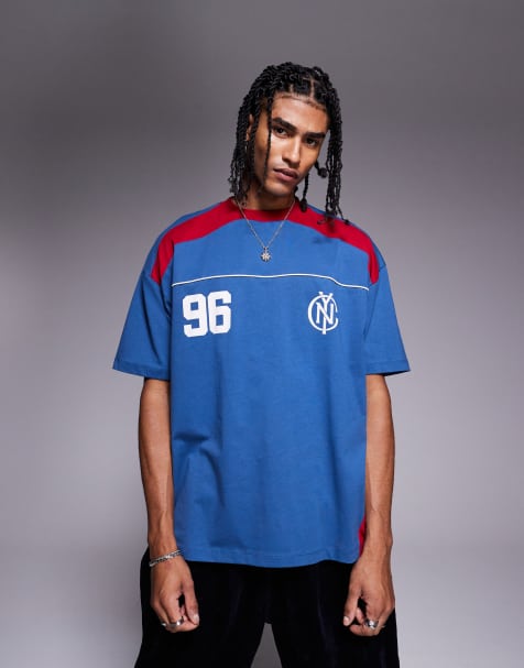 ASOS DESIGN oversized t-shirt with paneling and athletic graphic in blue and red - view 1